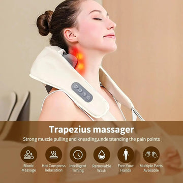 Masajeador de cuello con calor, masajeador de hombros, masajeador Shiatsu de cuello y espalda, alivio del dolor muscular - Oficina, hogar y coche