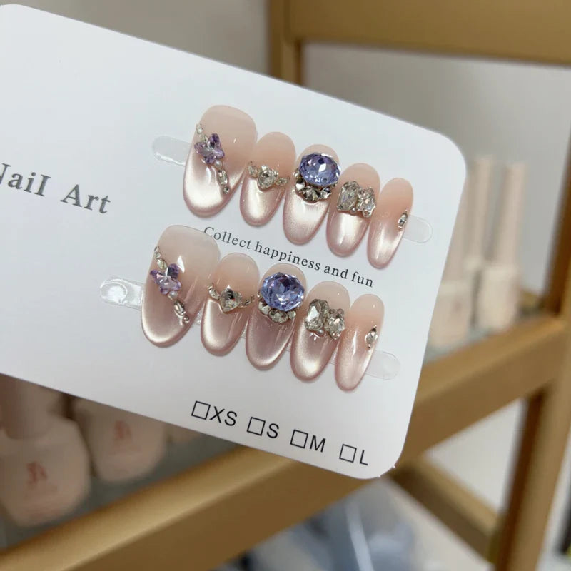 10pcs high-end Light luxury cat-eye gradient purple beveled small diamond butterfly pile diamond handmade fake nails, Simple and