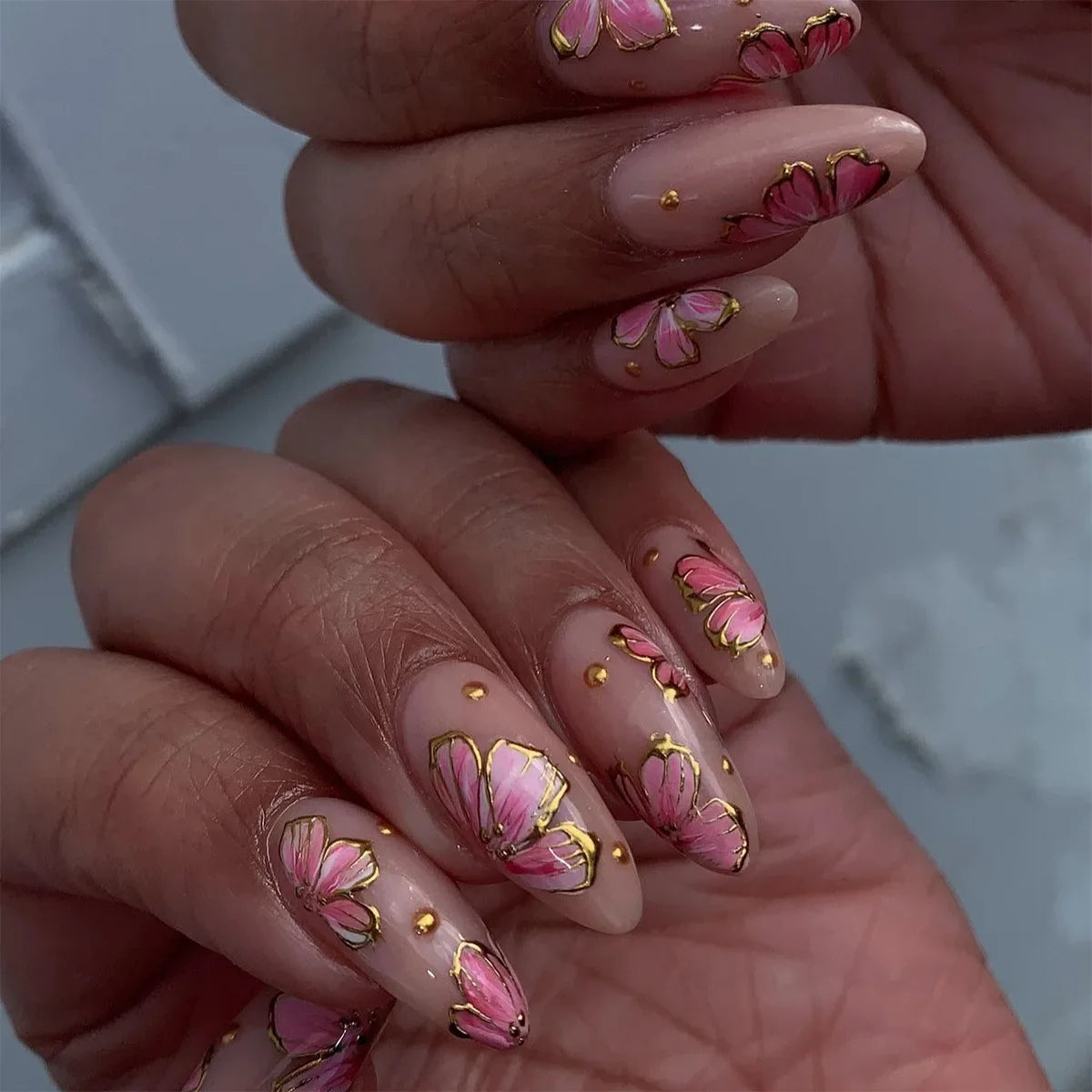 24Pcs Cyber Punk Style Almond False Nails Press on Pink Blush Full Cover Fake Nails 3D Ombre Wearable Acrylic Nail Manicure Tips