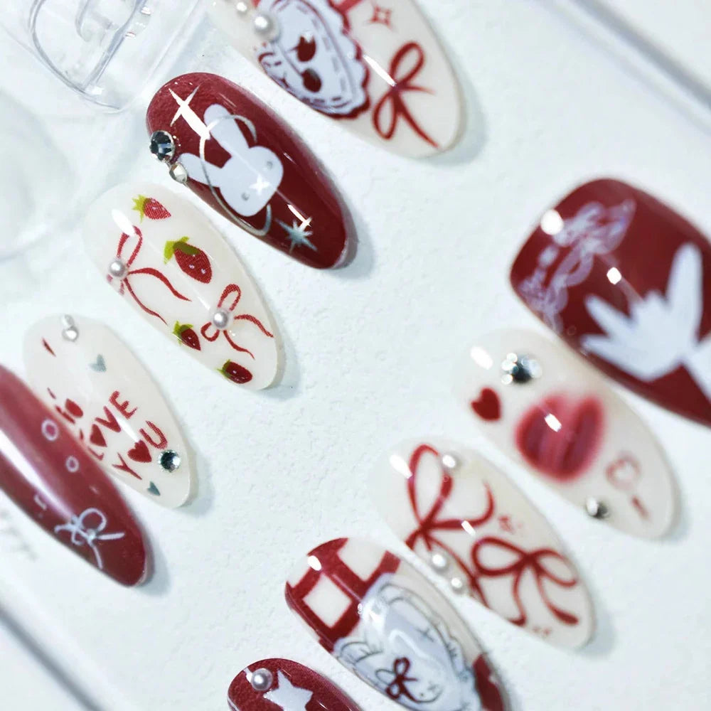 30Pcs Butterfly Cartoon Rabbit Press on Nails Medium Almond Fake Wine Red Almond Rhinestone Pearl Design DIY Fingernails Y2K