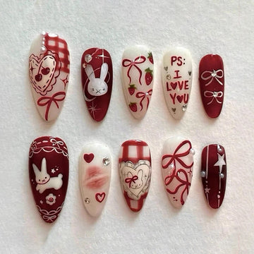 30Pcs Butterfly Cartoon Rabbit Press on Nails Medium Almond Fake Wine Red Almond Rhinestone Pearl Design DIY Fingernails Y2K