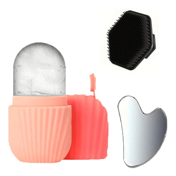 Facial cleansing tool set, stainless steel heart-shaped scraping tool, ice roller, silicone facial brush