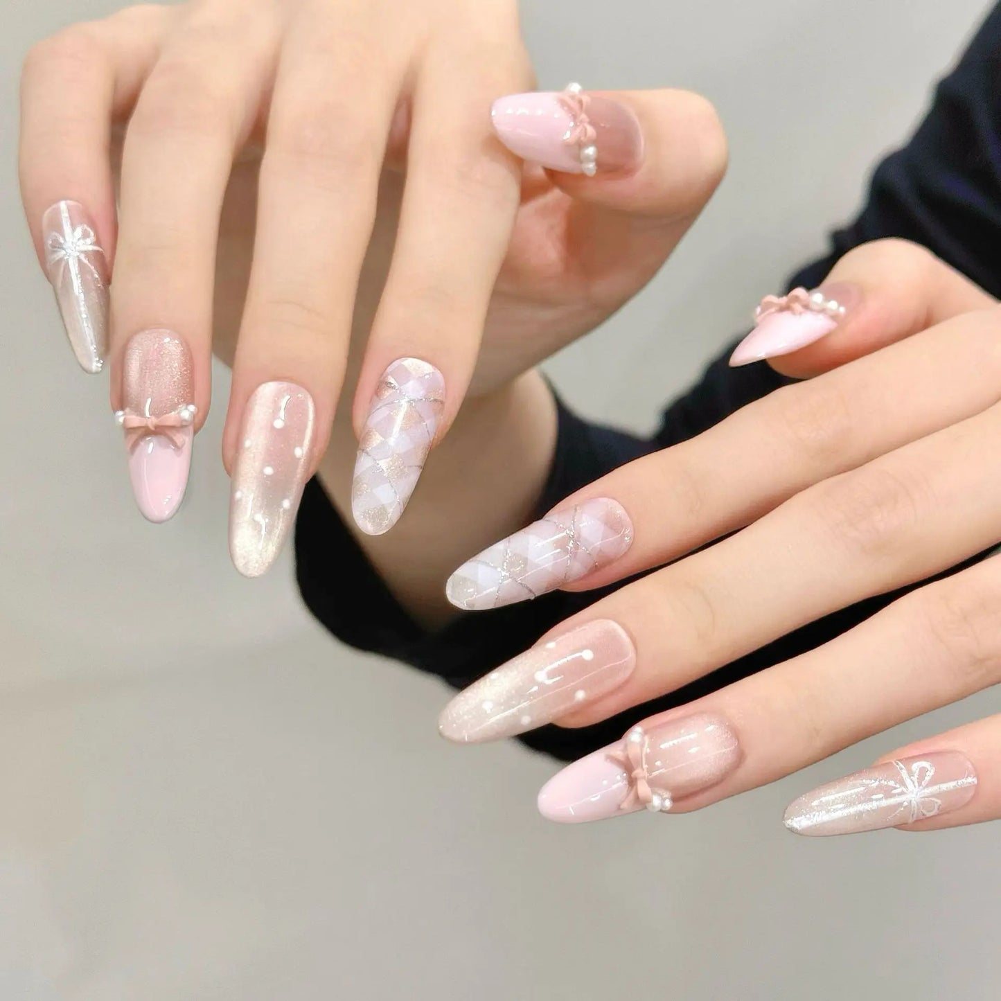 10pcs Handmade Press on Nails Sweet 3D Bow Decor Cat's Eye Fake Nail Tips Wearable Detachable Ins Plaid Pink French False Nails