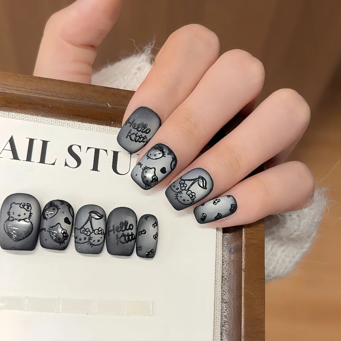10PCS Summer BrownThe Polka Dot Cat's Eye Short Nail Art Hello Kitty Cute Notes Handmade Acrylic Fake Nail Gift