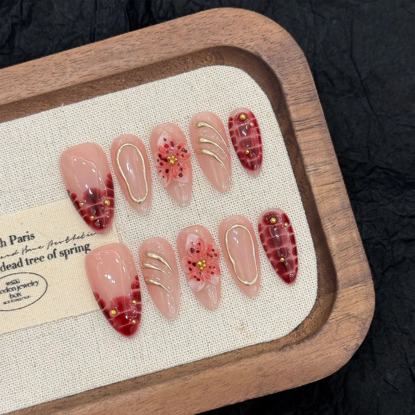 Handmade Press On Nails Almond False Nails 3D Flower Decor Fashion Glitter Nail Art Wearable French Leopard French Fake Nails