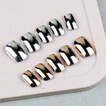 48 Pcs Gold Silver Mirror Chrome Kids Nails Press On Metalic False Nail Art Tips Pre-glue Short Oval Full Cover Fake Nails