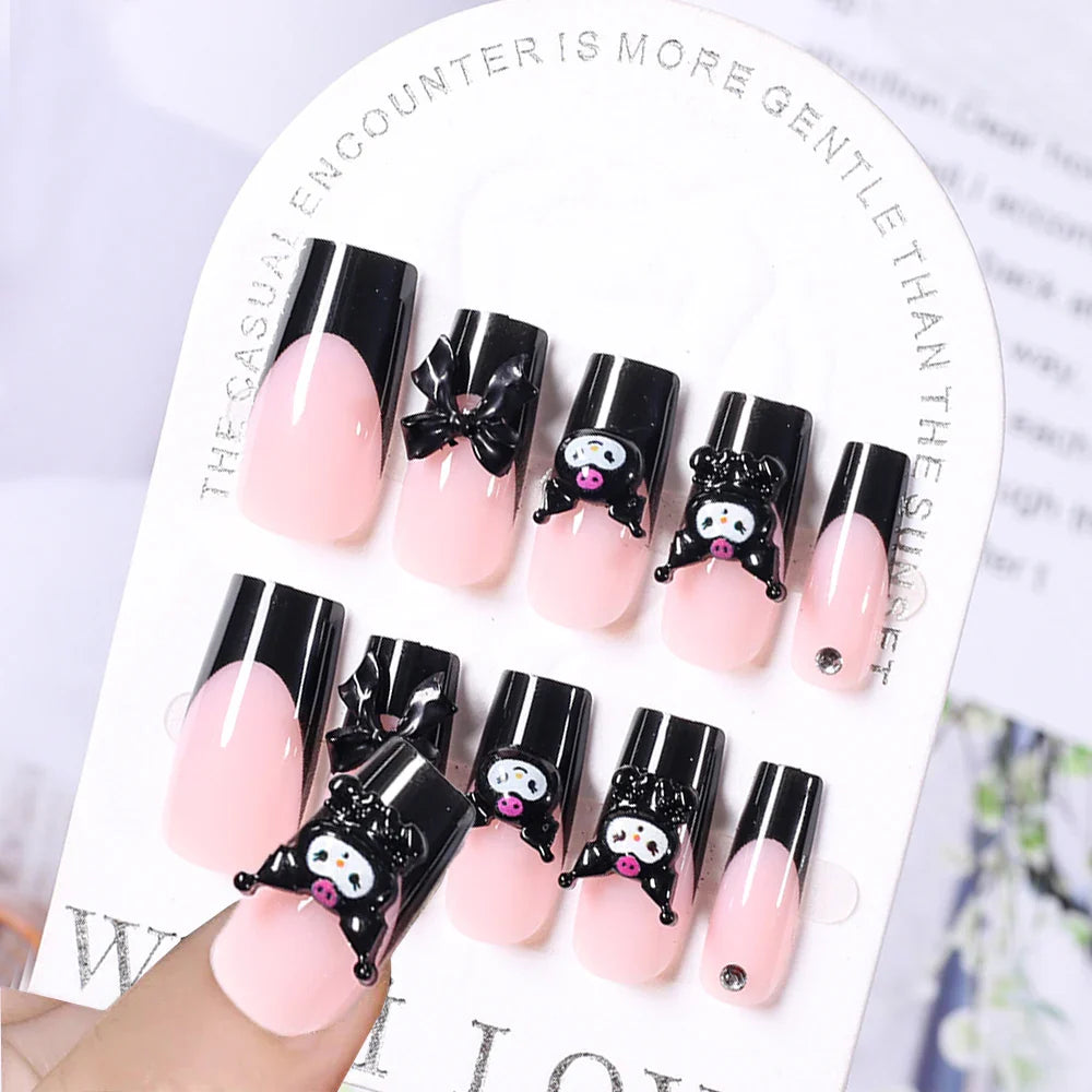 24Pcs Pink French Leopard Hello Kitty False nails 3D Y2k Star Heart Kitty Cat Rhinestones Press On Nails Cute Cartoon Fake Nails