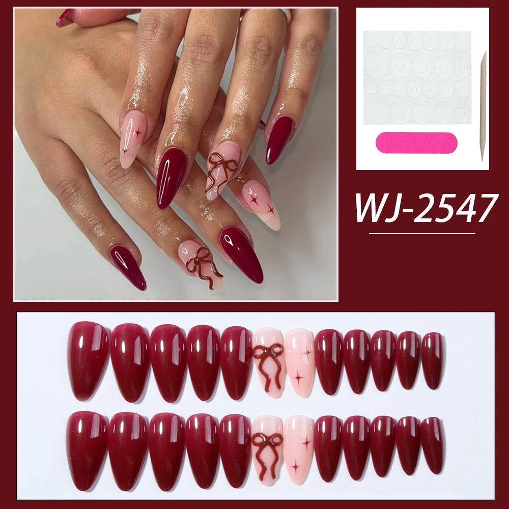 24Pcs 3d gelnails makes bow design French tip Press on Nails almond design Fit Perfectly Acrylic False Nails set,Include: 1pcs J