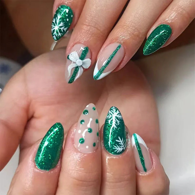 2025 Christmas Press on Nails Red/Green French Almond Shiny Fake Nails for Women Girls Manicure Wearable INS Simple False Nails