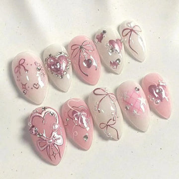 24Pcs/set Sweet Bow False Nails Press On Nails Fake Nails Kit Artificial Art Nails Finger DIY Manicure For Women And Girls