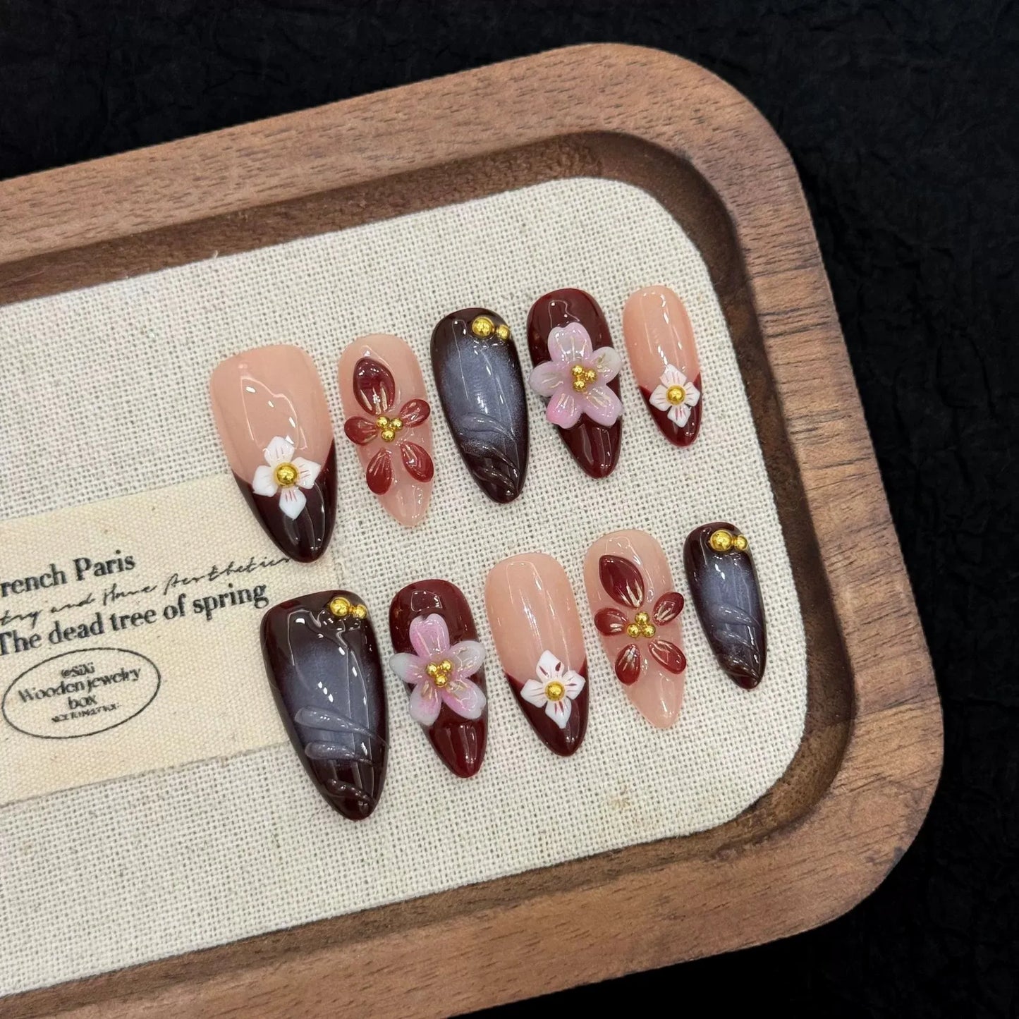 10pcs Handmade Press On Nails Almond False Nails 3D Starfish Flower Decor Glitter French Fake Nails Fashion Flash Y2K Nail Art