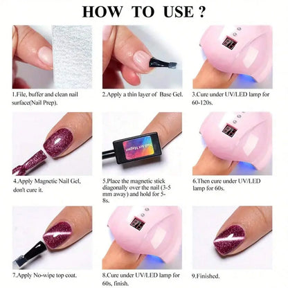 6pc Glitter Cat Magnetic Nail Gel Polish Set Cat Eye Holographic Reflective Semi Permanent UV Gel Soak Off Sparkling Nail Art