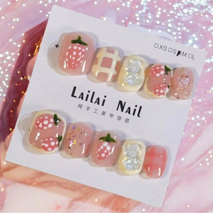 10pcs Handmade Square Press on Nails French Coffin Pink Fake Nail Strawberry Decor Sweet Style Square Artificial Nail for Women