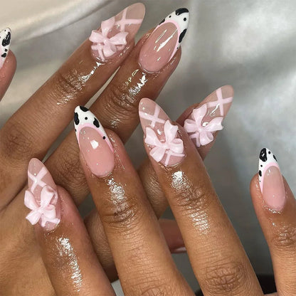 24Pcs Elegant Black Almond Press-On Nail With Pearl Heart&Bow Accents-Glossy Finish Short Length Removable False Nails For Women