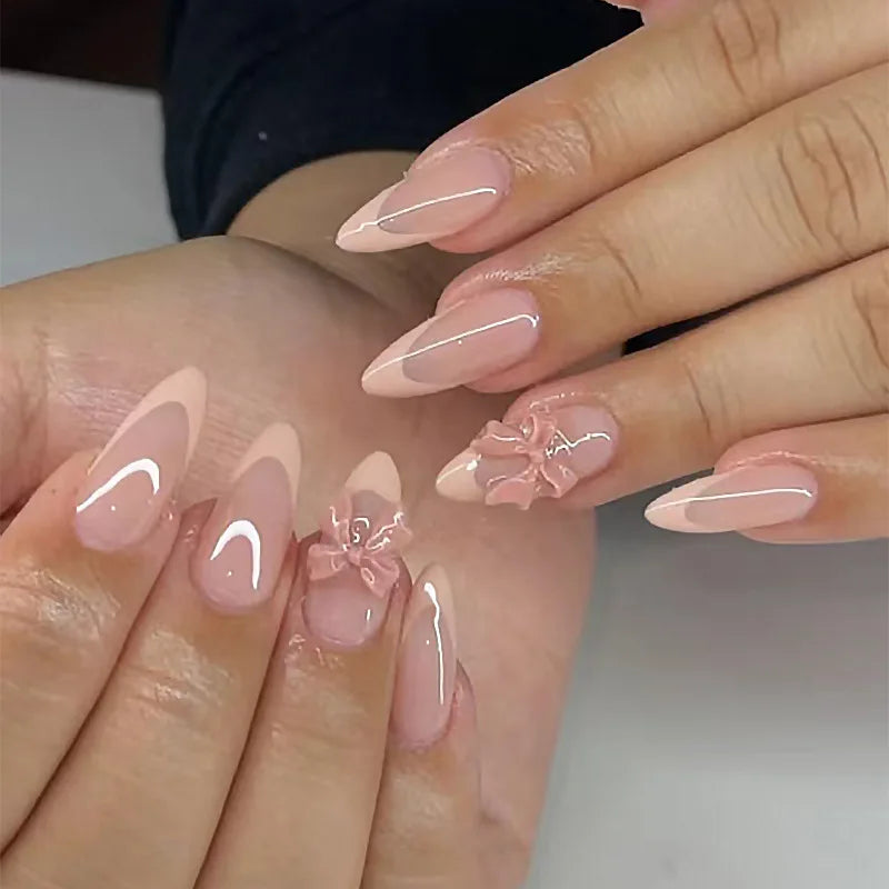24Pcs Elegant Black Almond Press-On Nail With Pearl Heart&Bow Accents-Glossy Finish Short Length Removable False Nails For Women