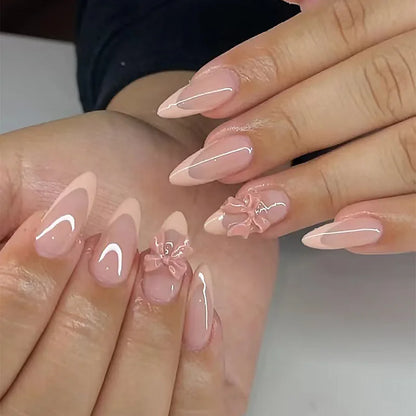 24Pcs Elegant Black Almond Press-On Nail With Pearl Heart&Bow Accents-Glossy Finish Short Length Removable False Nails For Women