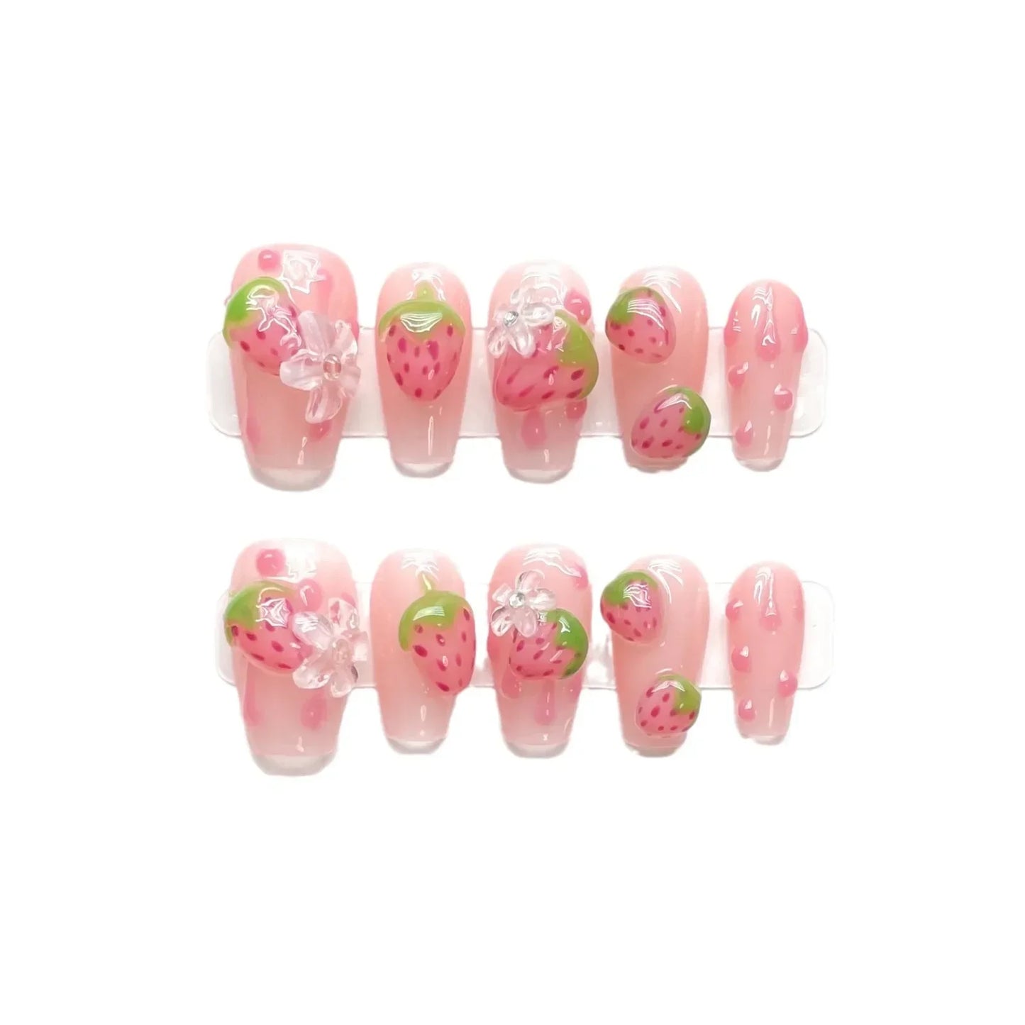 10pcs Handmade Square Press on Nails French Coffin Pink Fake Nail Strawberry Decor Sweet Style Square Artificial Nail for Women