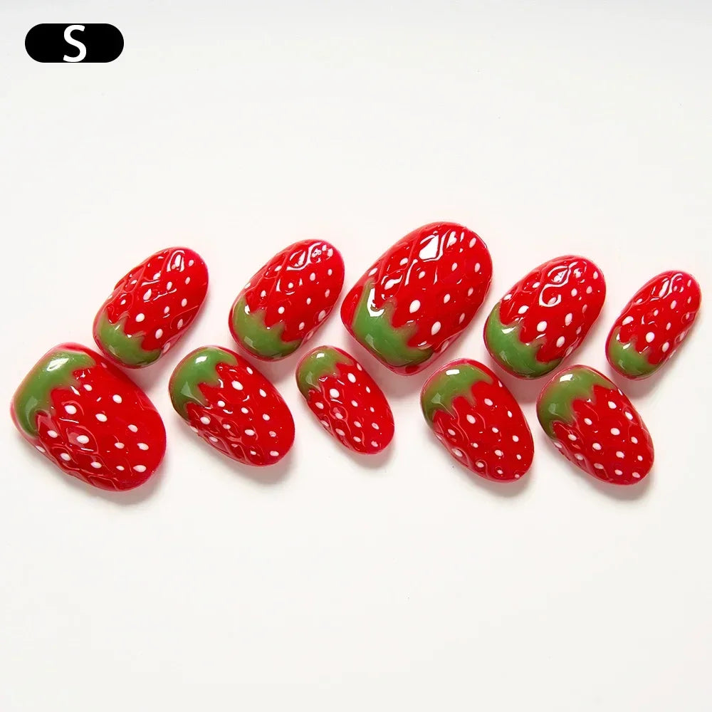 10pcs Handmade Square Press on Nails French Coffin Pink Fake Nail Strawberry Decor Sweet Style Square Artificial Nail for Women