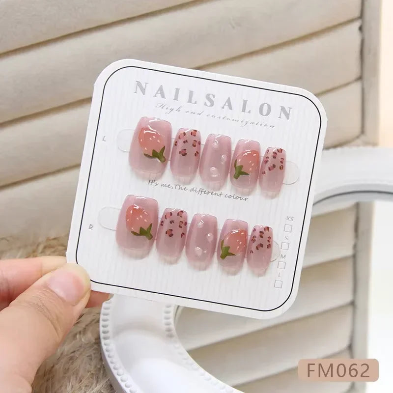10pcs Handmade Square Press on Nails French Coffin Pink Fake Nail Strawberry Decor Sweet Style Square Artificial Nail for Women