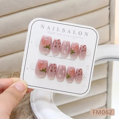 10pcs Handmade Square Press on Nails French Coffin Pink Fake Nail Strawberry Decor Sweet Style Square Artificial Nail for Women