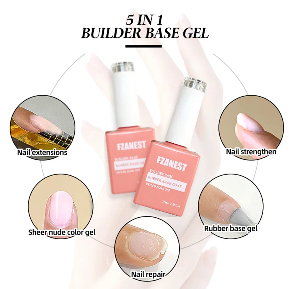 FZANEST 5 in 1 Multifunctional Rubber Base Gel Rubber Builder Base Nail Gel Nude Color Extension Nail Strengthen Gel Nails