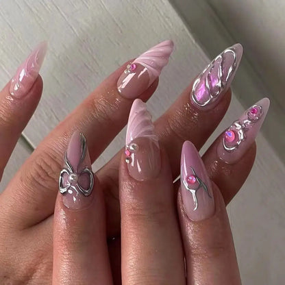 24Pcs Elegant Black Almond Press-On Nail With Pearl Heart&Bow Accents-Glossy Finish Short Length Removable False Nails For Women