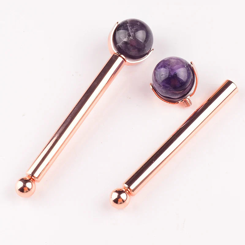 25 MM Natural Stone Ball Face Roller Massage Facial Care Health Eye Head Rose Quartz Crystal Acupuncture Aluminum Wand Massager