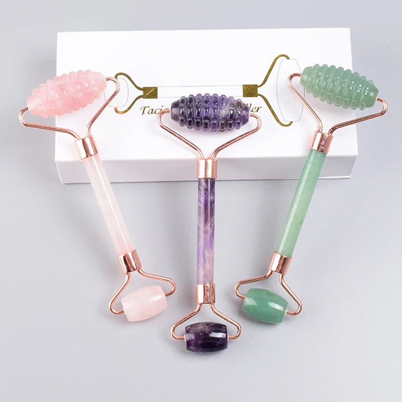 Rose Gold Sawtooth Face Roller Gua Sha Tool Massage Set Natural Jade Acupuncture Scraping Body Healing White Stone Massager Care