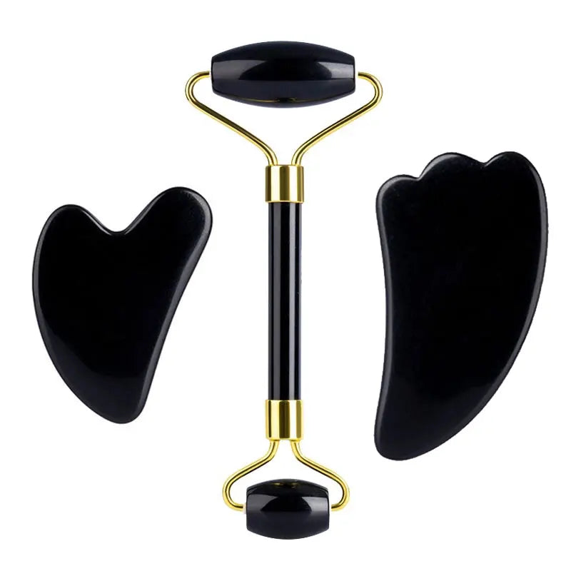 3pcs Black Obsidian Gua Sha Roller Set Facial Lift Massager Jade Stone Skin Scraper Body Anti-cellulite Relax Acupuncture Tools