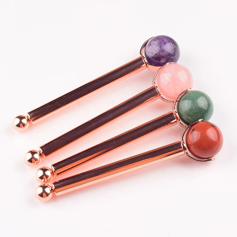 25 MM Natural Stone Ball Face Roller Massage Facial Care Health Eye Head Rose Quartz Crystal Acupuncture Aluminum Wand Massager