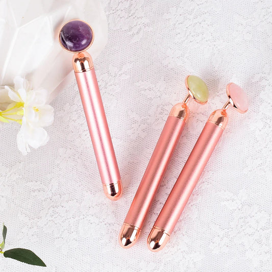 Natural Stone Rose Gold Electric Roller Original Amethyst Quartz Jade Big Frequency Eye Massage Face Care Neck Detox Beauty Tool