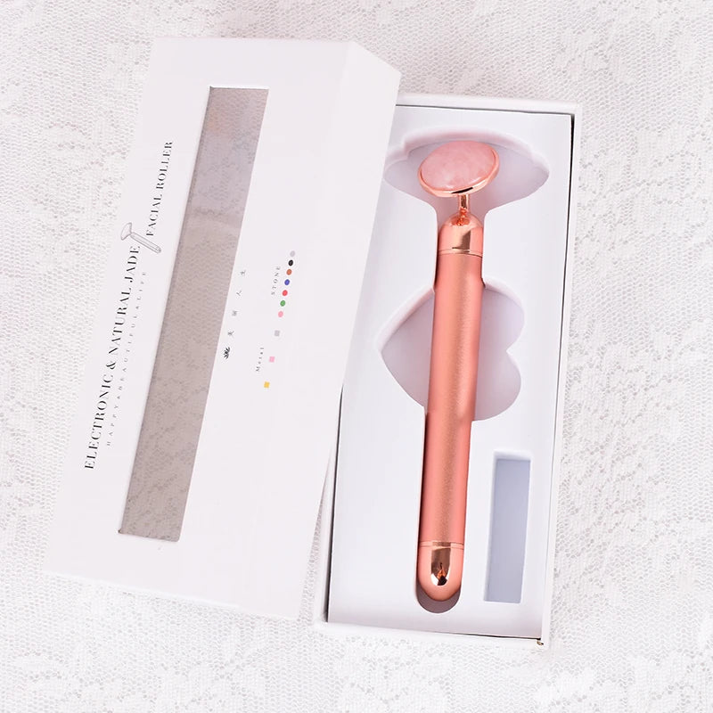 Natural Stone Rose Gold Electric Roller Original Amethyst Quartz Jade Big Frequency Eye Massage Face Care Neck Detox Beauty Tool
