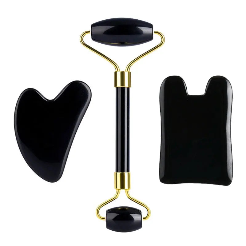 3pcs Black Obsidian Gua Sha Roller Set Facial Lift Massager Jade Stone Skin Scraper Body Anti-cellulite Relax Acupuncture Tools