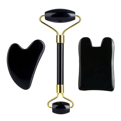3pcs Black Obsidian Gua Sha Roller Set Facial Lift Massager Jade Stone Skin Scraper Body Anti-cellulite Relax Acupuncture Tools