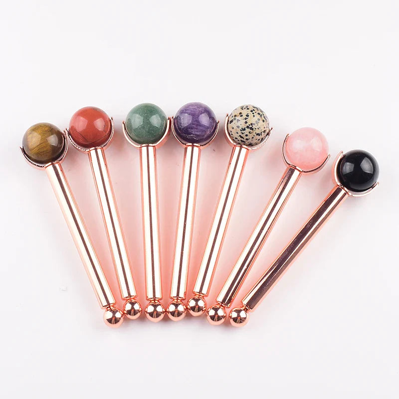 25 MM Natural Stone Ball Face Roller Massage Facial Care Health Eye Head Rose Quartz Crystal Acupuncture Aluminum Wand Massager