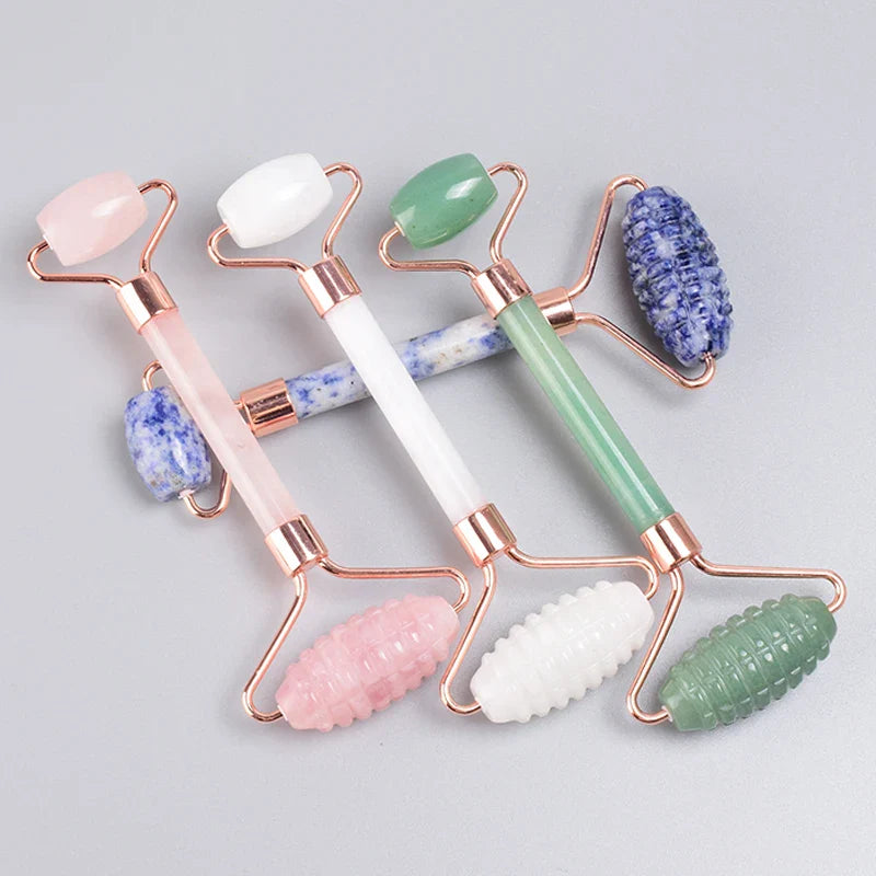 Rose Gold Sawtooth Face Roller Gua Sha Tool Massage Set Natural Jade Acupuncture Scraping Body Healing White Stone Massager Care