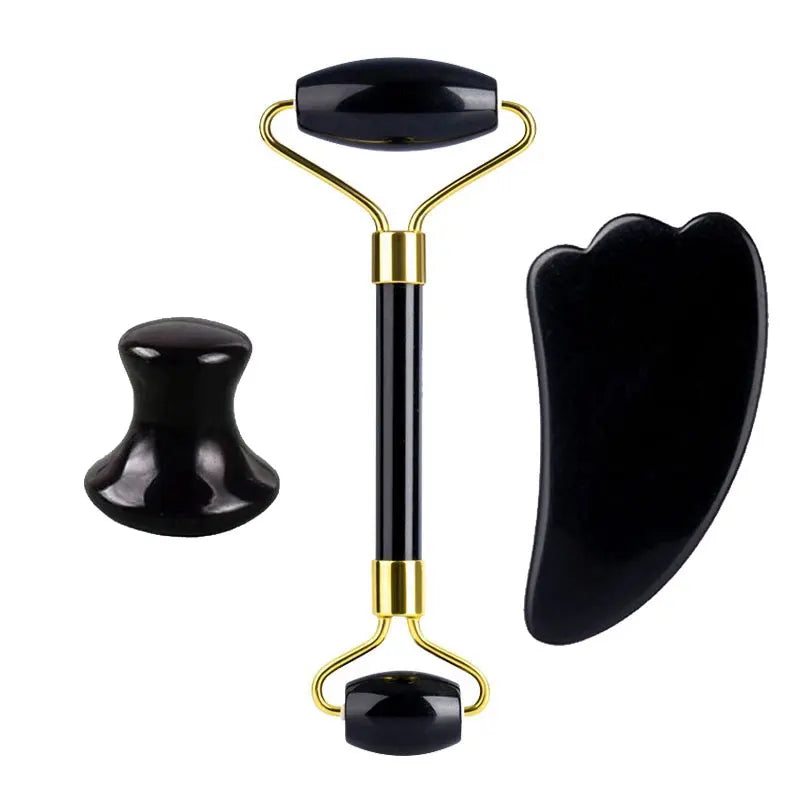 3pcs Black Obsidian Gua Sha Roller Set Facial Lift Massager Jade Stone Skin Scraper Body Anti-cellulite Relax Acupuncture Tools