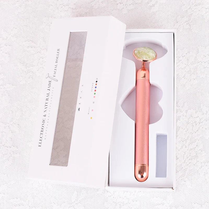 Natural Stone Rose Gold Electric Roller Original Amethyst Quartz Jade Big Frequency Eye Massage Face Care Neck Detox Beauty Tool