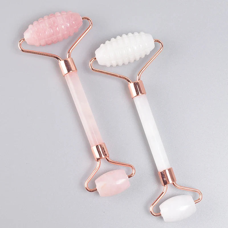 Rose Gold Sawtooth Face Roller Gua Sha Tool Massage Set Natural Jade Acupuncture Scraping Body Healing White Stone Massager Care
