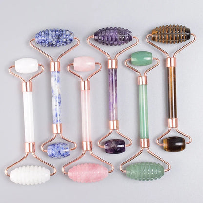 Rose Gold Sawtooth Face Roller Gua Sha Tool Massage Set Natural Jade Acupuncture Scraping Body Healing White Stone Massager Care