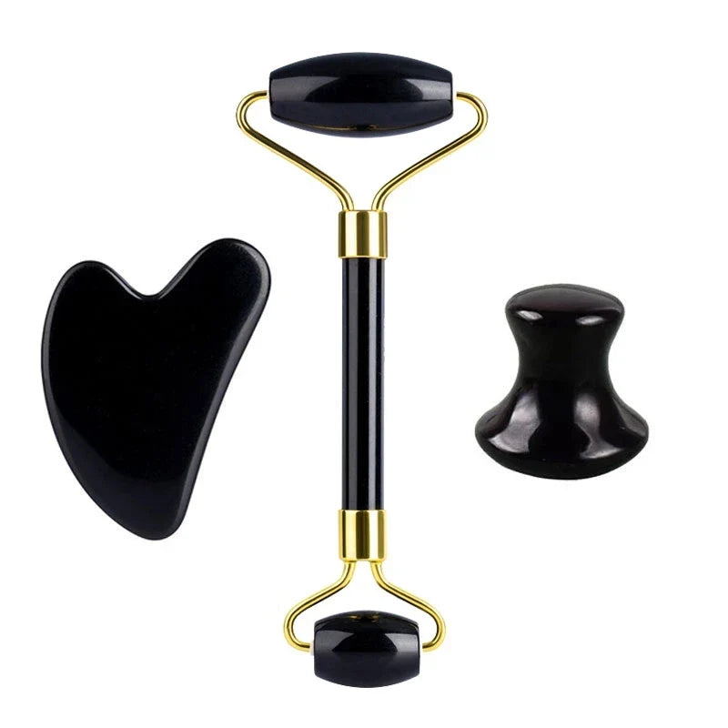 3pcs Black Obsidian Gua Sha Roller Set Facial Lift Massager Jade Stone Skin Scraper Body Anti-cellulite Relax Acupuncture Tools