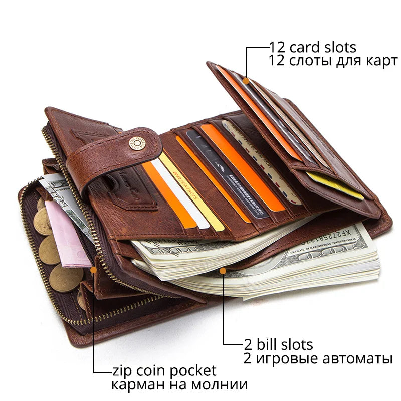 CONTACT'S Genuine Leather Short Wallets for Men RFID Vintage Coin Purse Card Holder Male Money Clip Women‘s Wallet Bag Handbag
