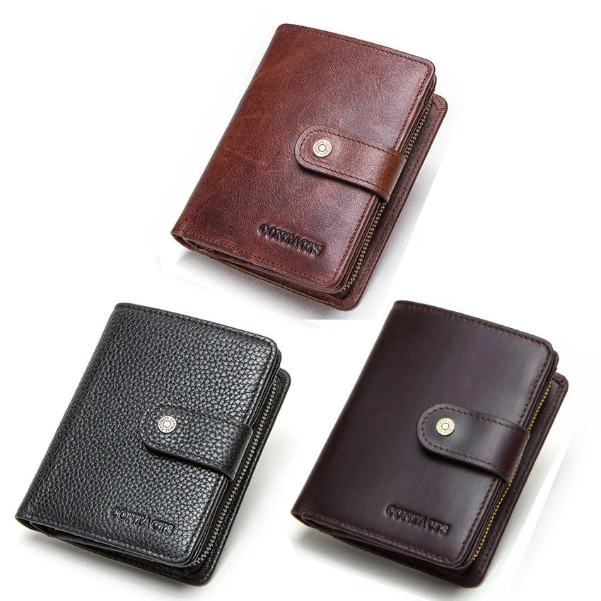 CONTACT'S Genuine Leather Short Wallets for Men RFID Vintage Coin Purse Card Holder Male Money Clip Women‘s Wallet Bag Handbag