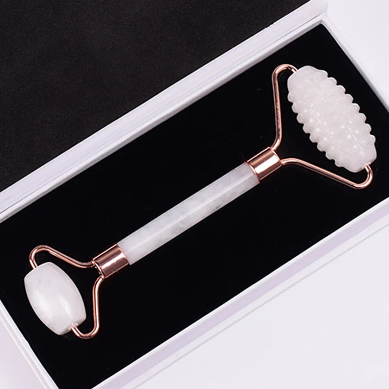 Rose Gold Sawtooth Face Roller Gua Sha Tool Massage Set Natural Jade Acupuncture Scraping Body Healing White Stone Massager Care