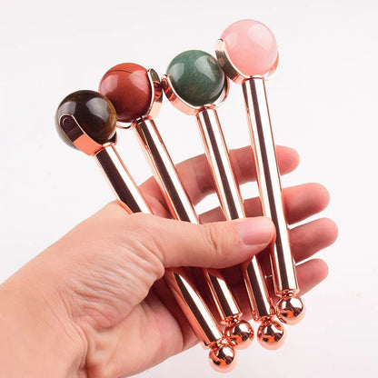 25 MM Natural Stone Ball Face Roller Massage Facial Care Health Eye Head Rose Quartz Crystal Acupuncture Aluminum Wand Massager