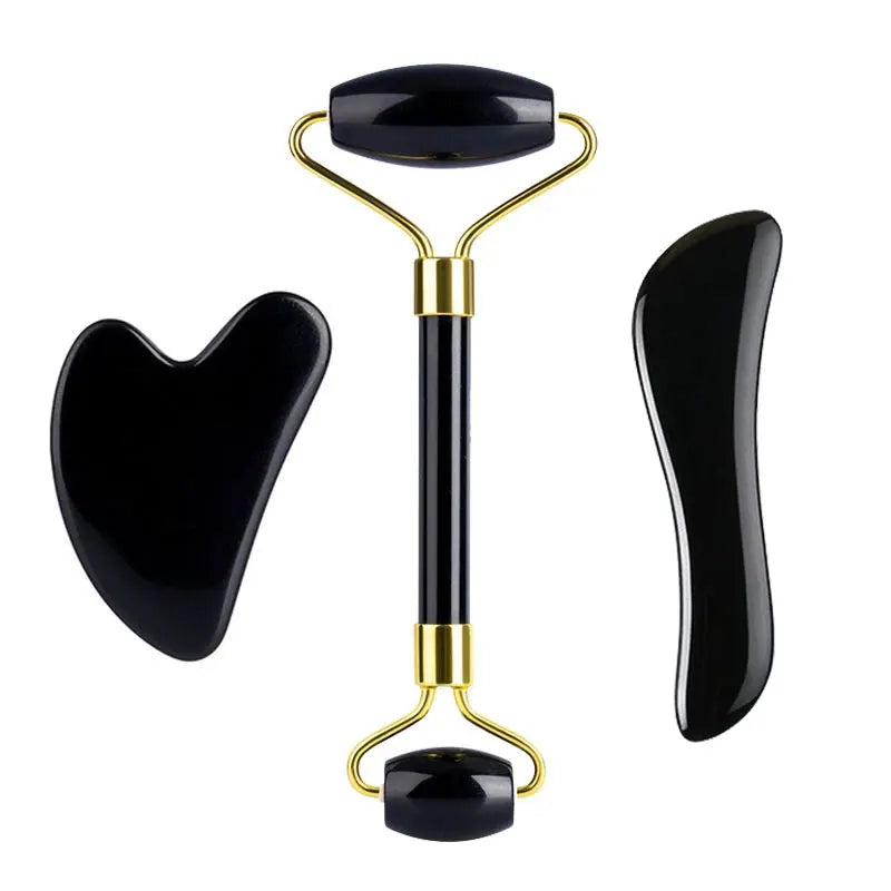 3pcs Black Obsidian Gua Sha Roller Set Facial Lift Massager Jade Stone Skin Scraper Body Anti-cellulite Relax Acupuncture Tools