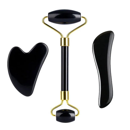 3pcs Black Obsidian Gua Sha Roller Set Facial Lift Massager Jade Stone Skin Scraper Body Anti-cellulite Relax Acupuncture Tools