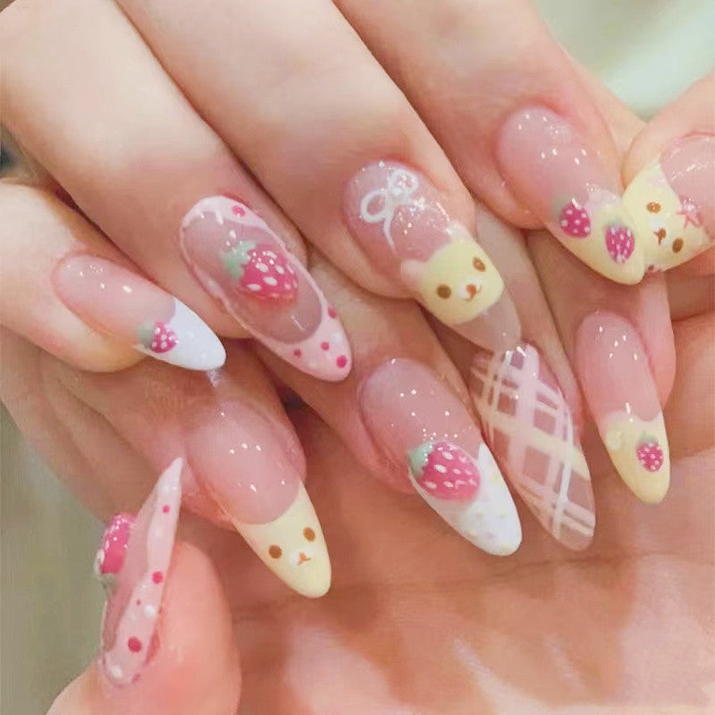 10Pcs Almond Press on Nails with Pink Strawberry Bear Design Acrylic False Nails Cute Full Cover Sweet Girl Wearable Nail Tips