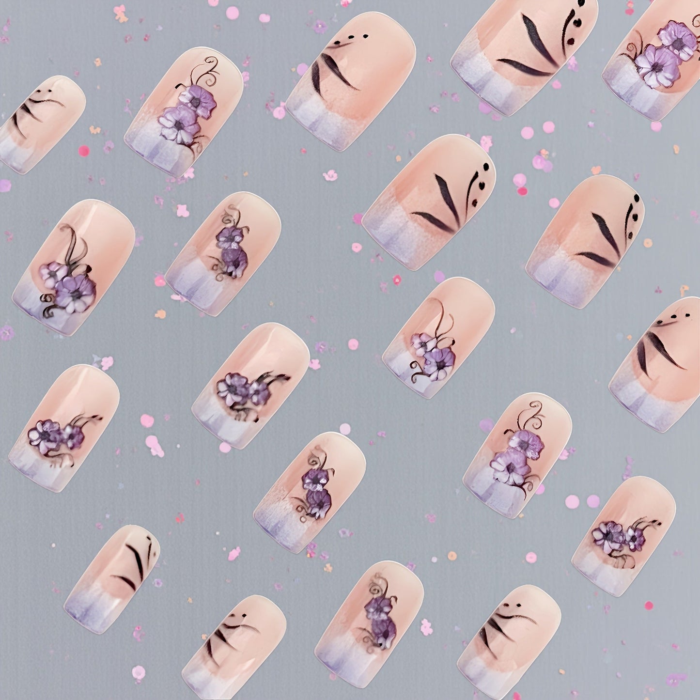 24pcs Sweet Cool False Nails Gradient French Fake Nail Tips with Purple Flowers Design Short Square Press on Nails Colorful Nail
