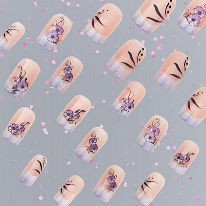 24pcs Sweet Cool False Nails Gradient French Fake Nail Tips with Purple Flowers Design Short Square Press on Nails Colorful Nail